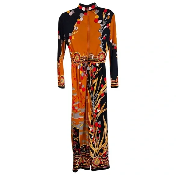 Vintage 1970s Paganne by Gene Berk Longsleeve Maxi Dress Mandarin Collar - Picture 2 of 10